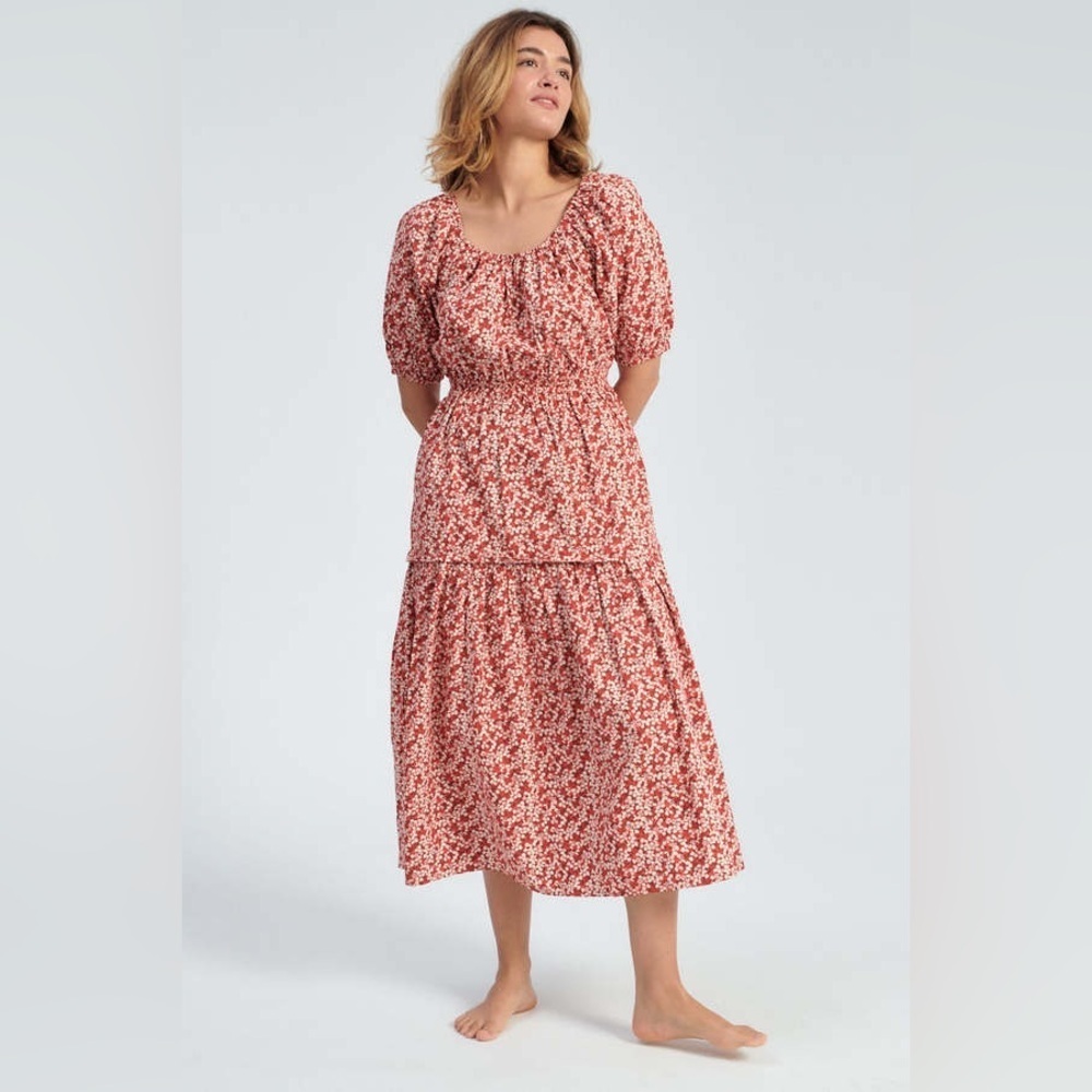 Apiece Apart Nova Midi Dress Size Medium Floral Cut Out Puff Sleeve Tiered